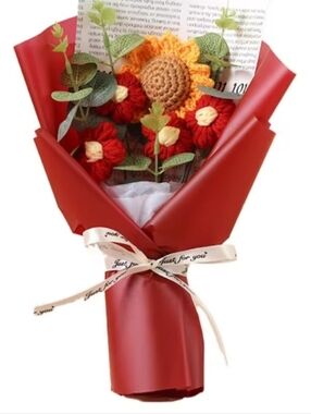 Handmade Crochet Flower Bouquet in Red Wrapping.